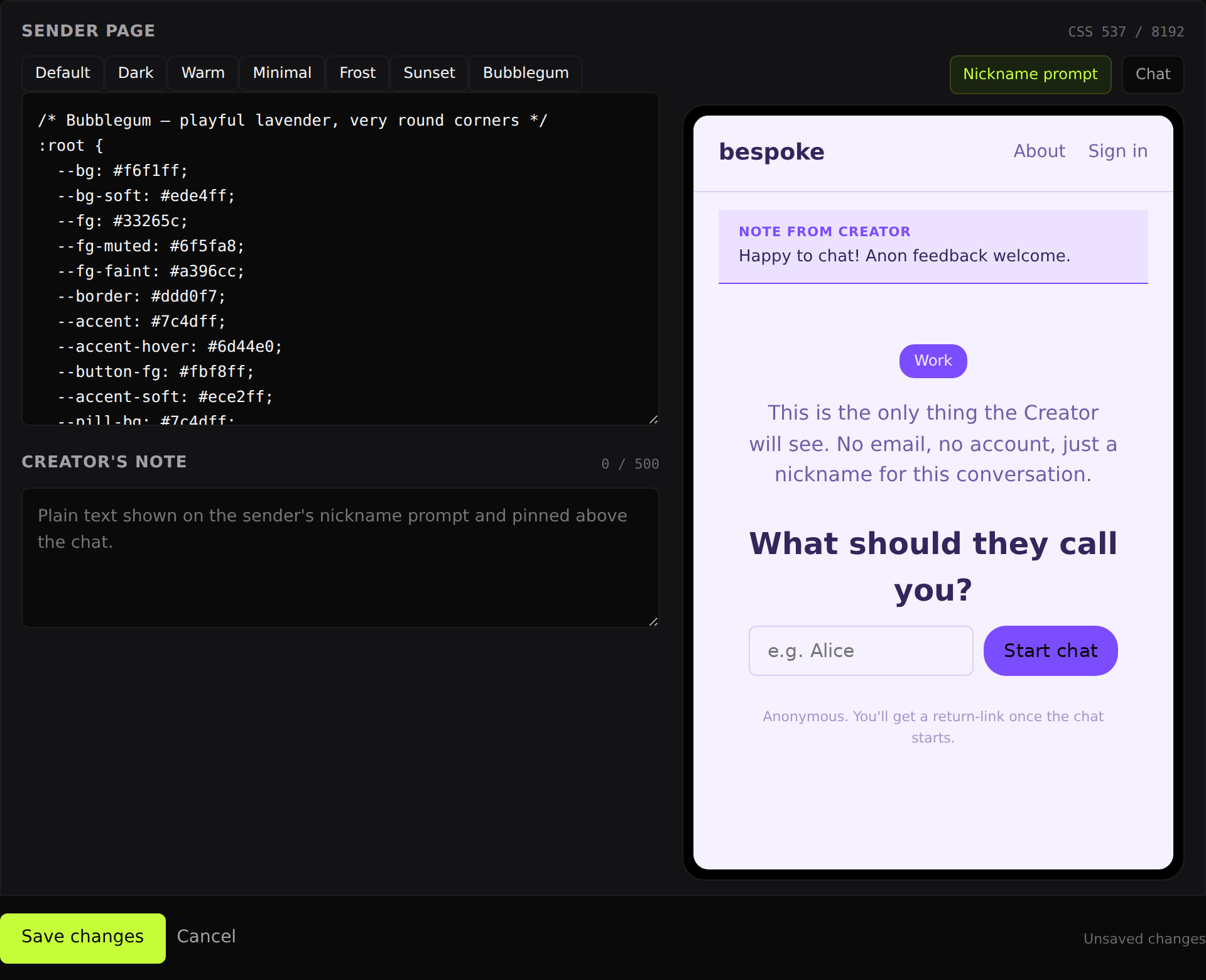 The customize page's sender page section, with the theme presets and the live phone preview beside them
