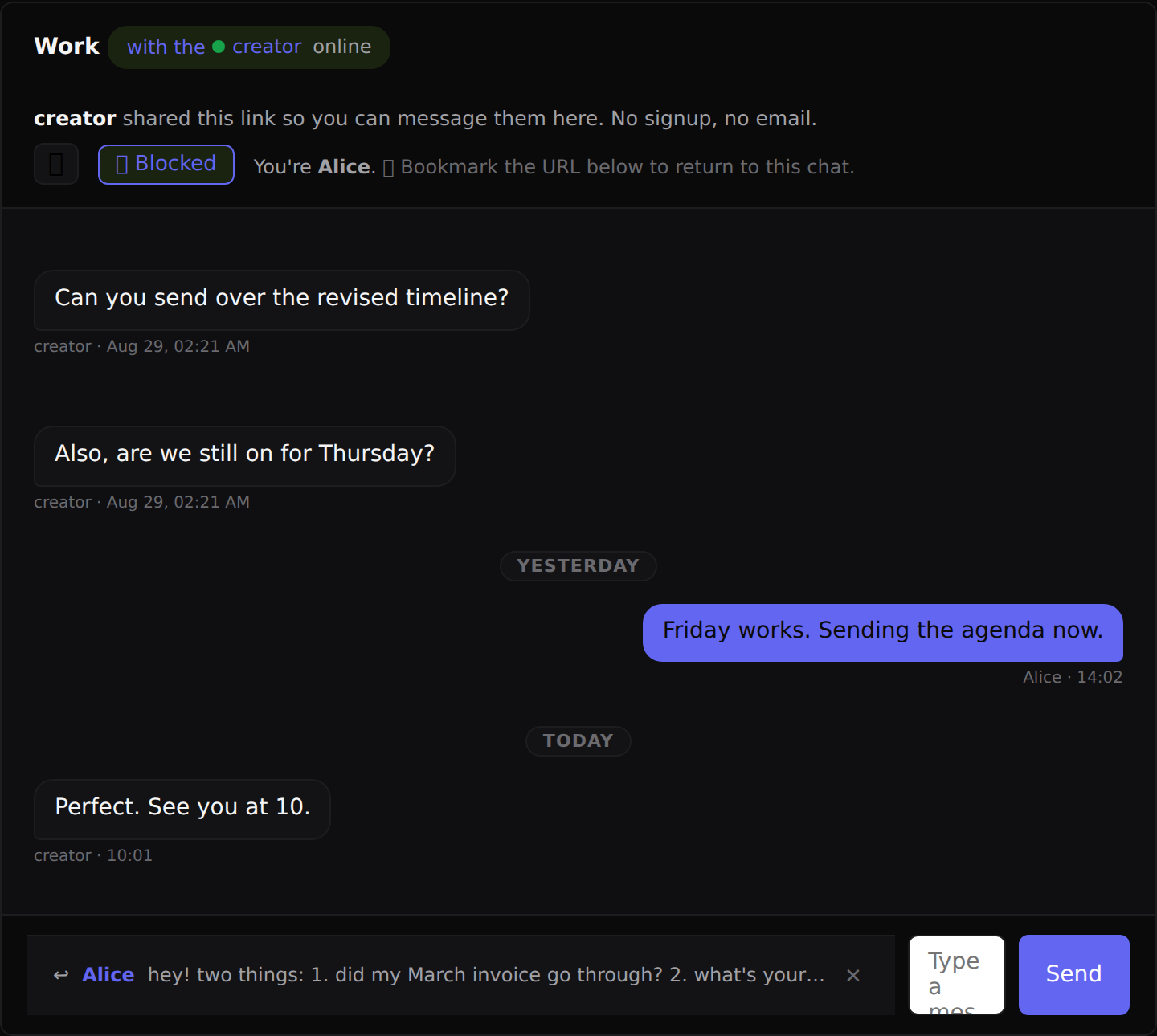 A transcript with a quiet YESTERDAY chip between messages from different days