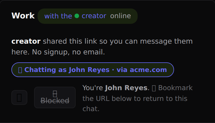 The real chat header: when your site vouches for a visitor, they are greeted by name and site in an accent chip