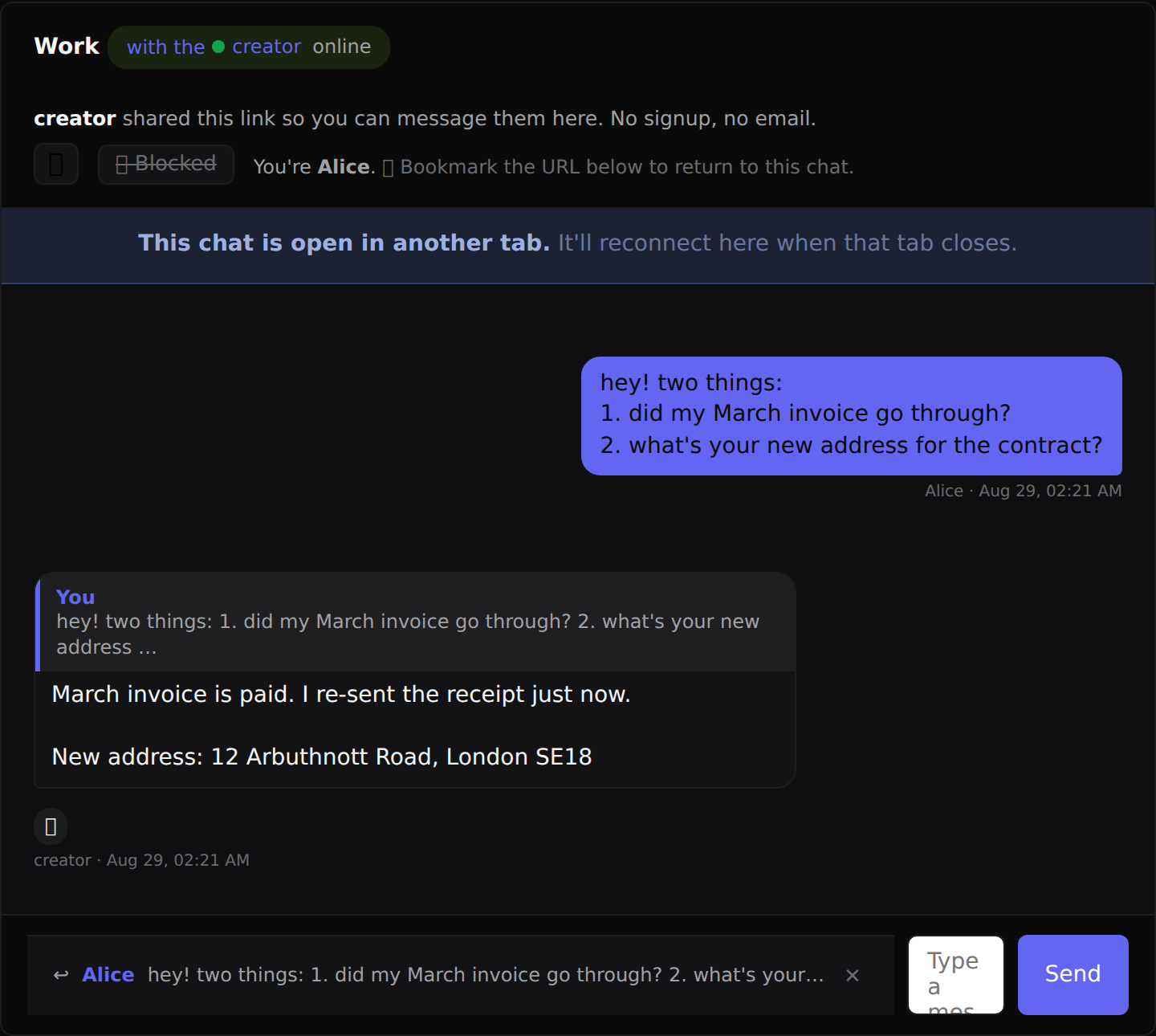 A quiet notice: this chat is open in another tab, and it will reconnect when that tab closes