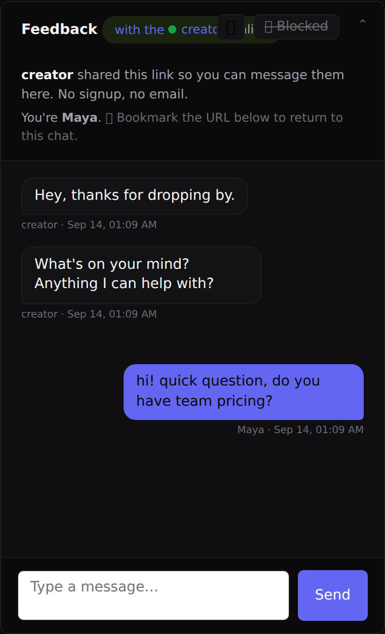 The conversation opens with your messages, and their reply lands right after