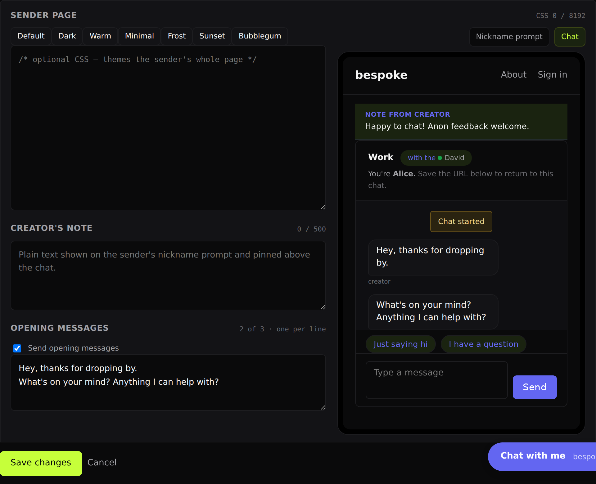 The Appearance page: opening messages with the counter and toggle, previewed live in the phone