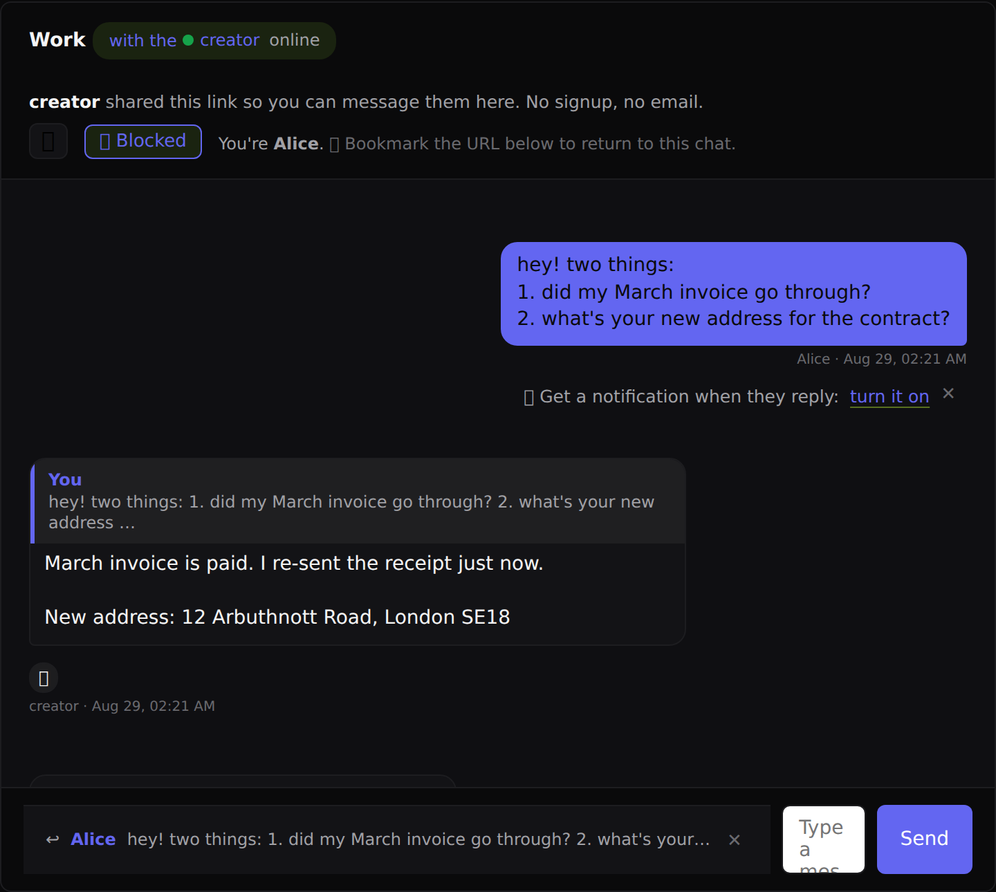 Under the sender's first message, a one-time line offering to push replies to them