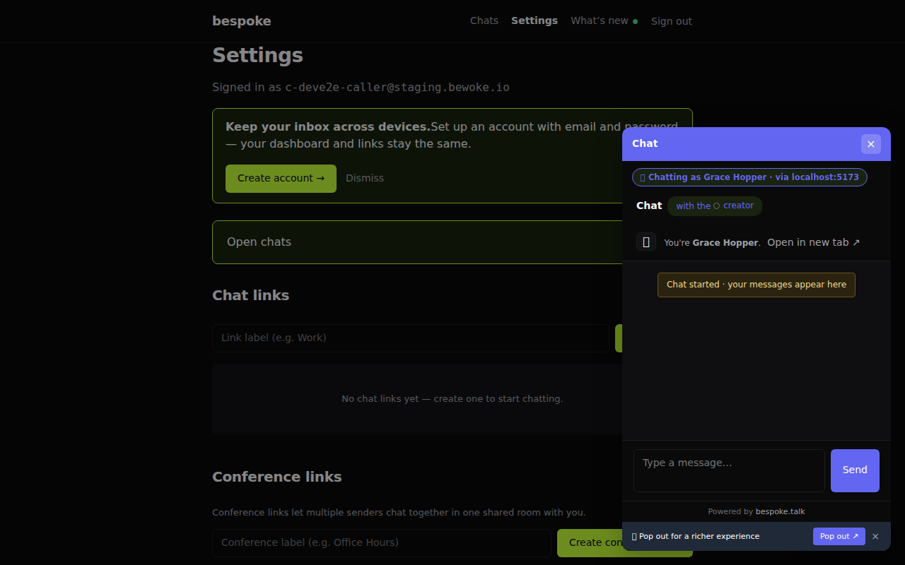 The app dashboard with the floating chat launcher open: an identified chat panel with a name chip
