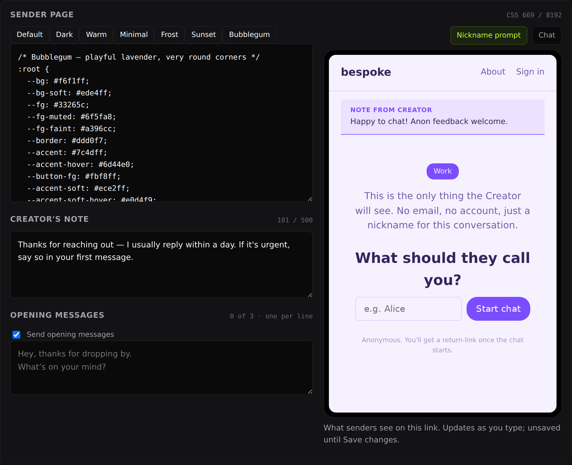 The customize page: CSS preset buttons and the custom CSS editor on the left, a live preview of the sender's page on the right, themed lavender by the Bubblegum preset